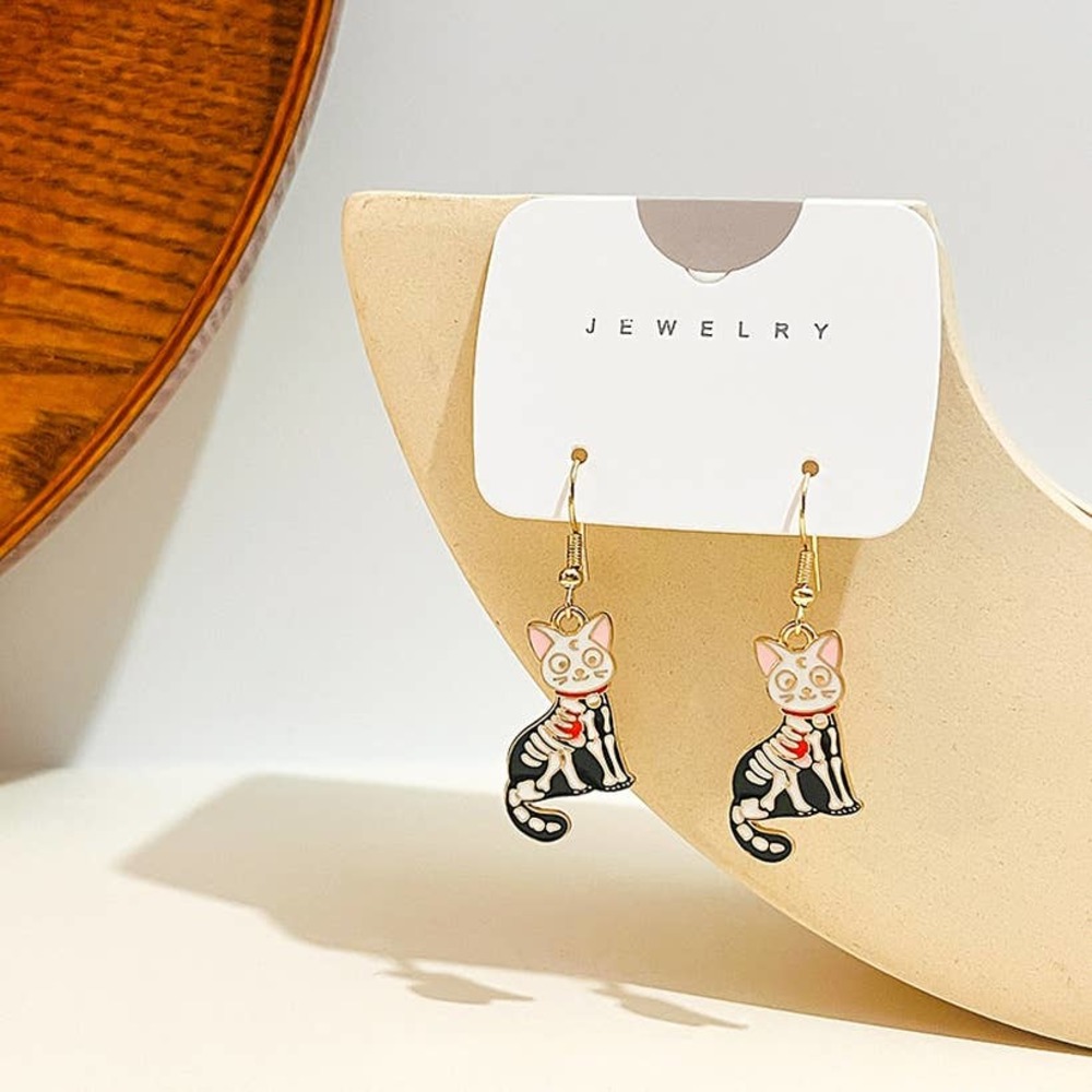 Enamel Skeleton Celestial Cat Fishhook French Loop‎ Dangle Earrings